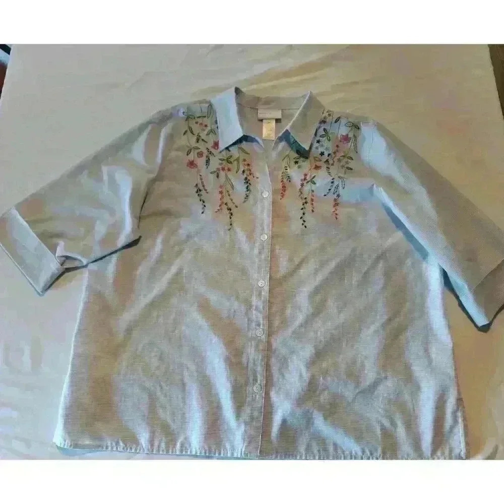 Alfred Dunner Striped Button Down Shirt Floral Embroidery Beads, Size Xl